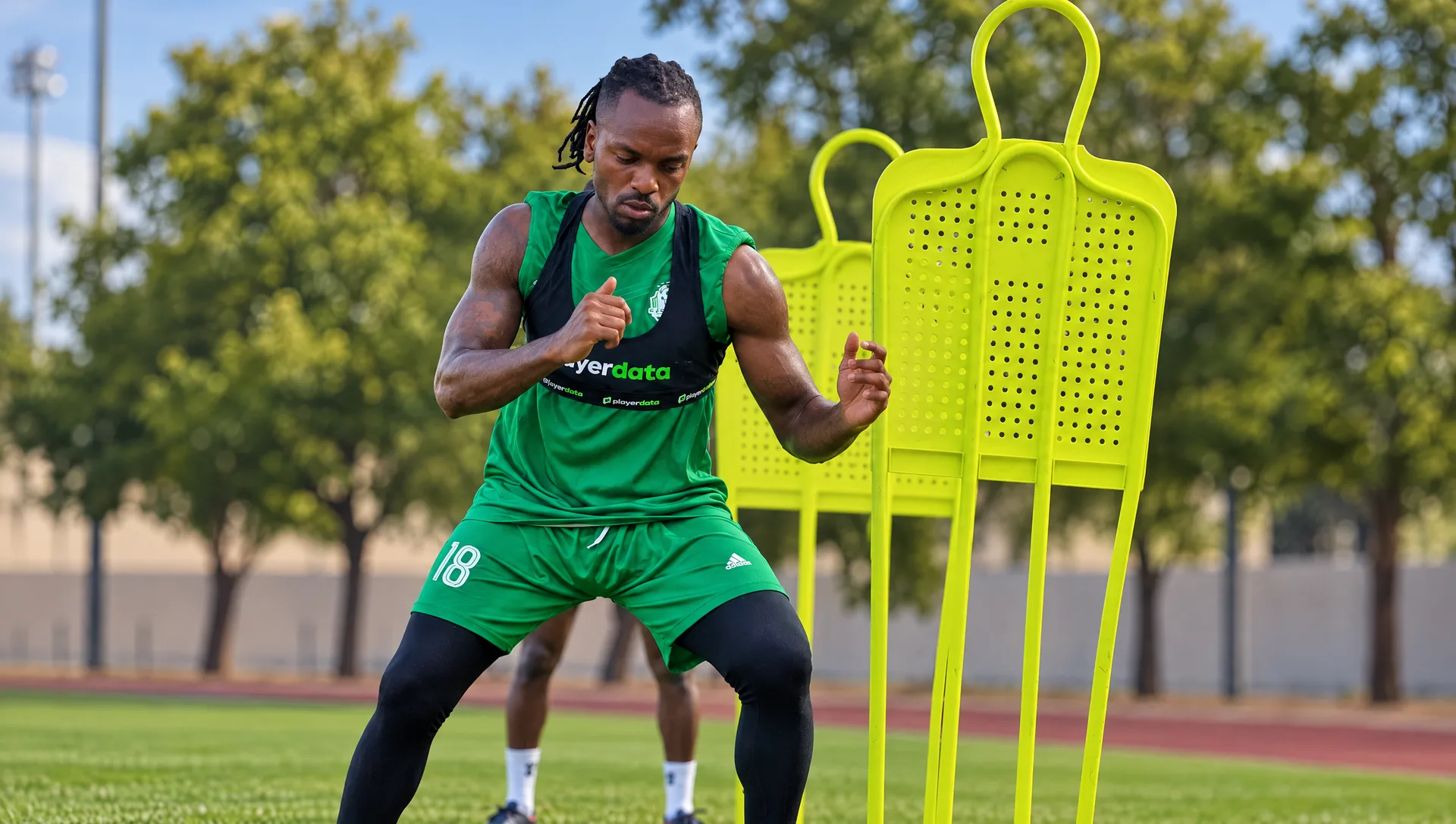 Madenat FC player doing agility work beside training mannequins